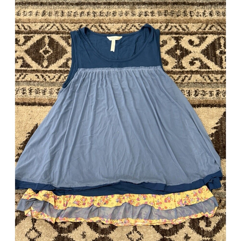 Matilda Jane Blue Layered Ruffle Tank Top with Yellow Floral Trim